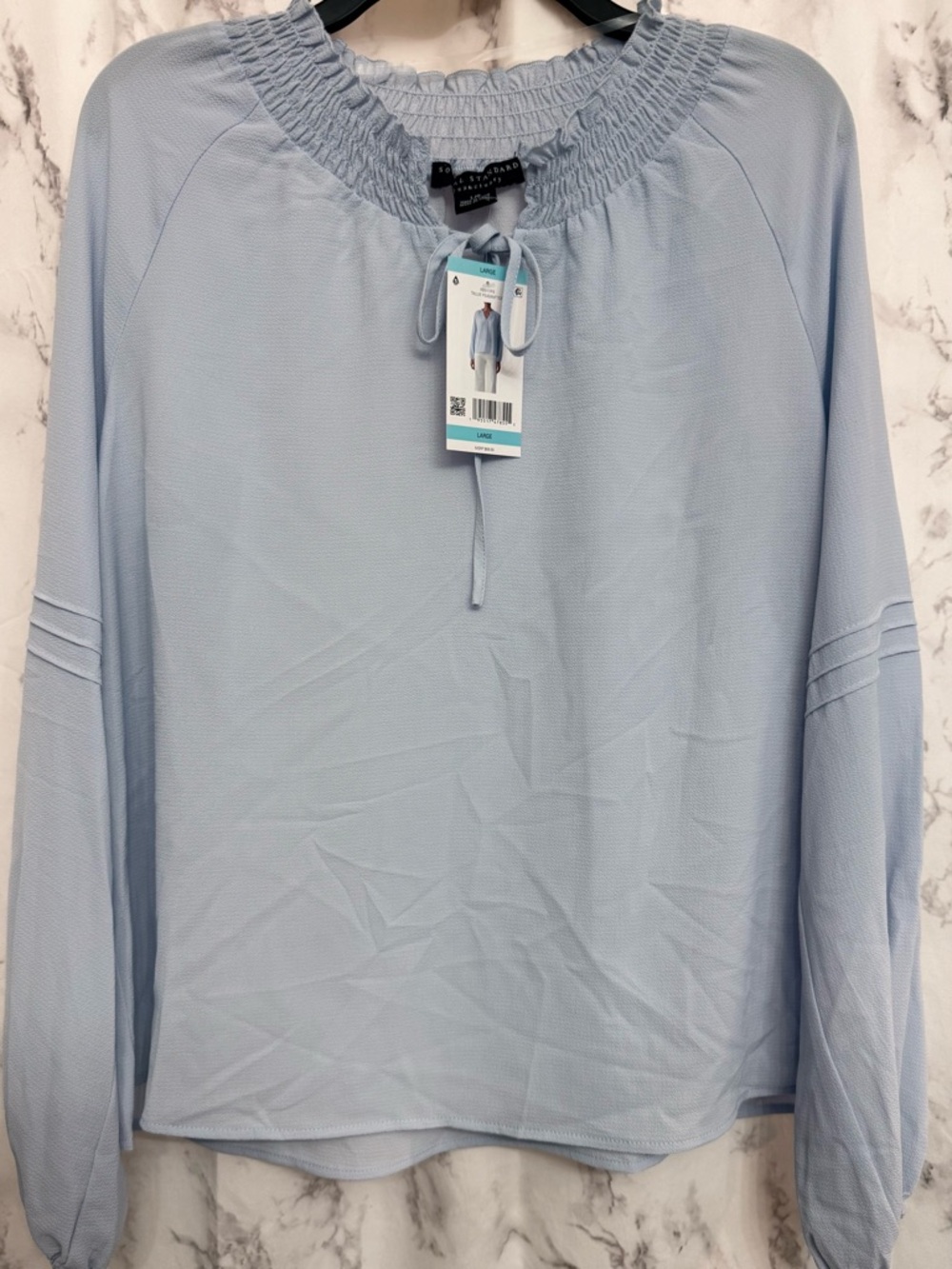 Light Blue Long-Sleeve Smocked Neck Blouse